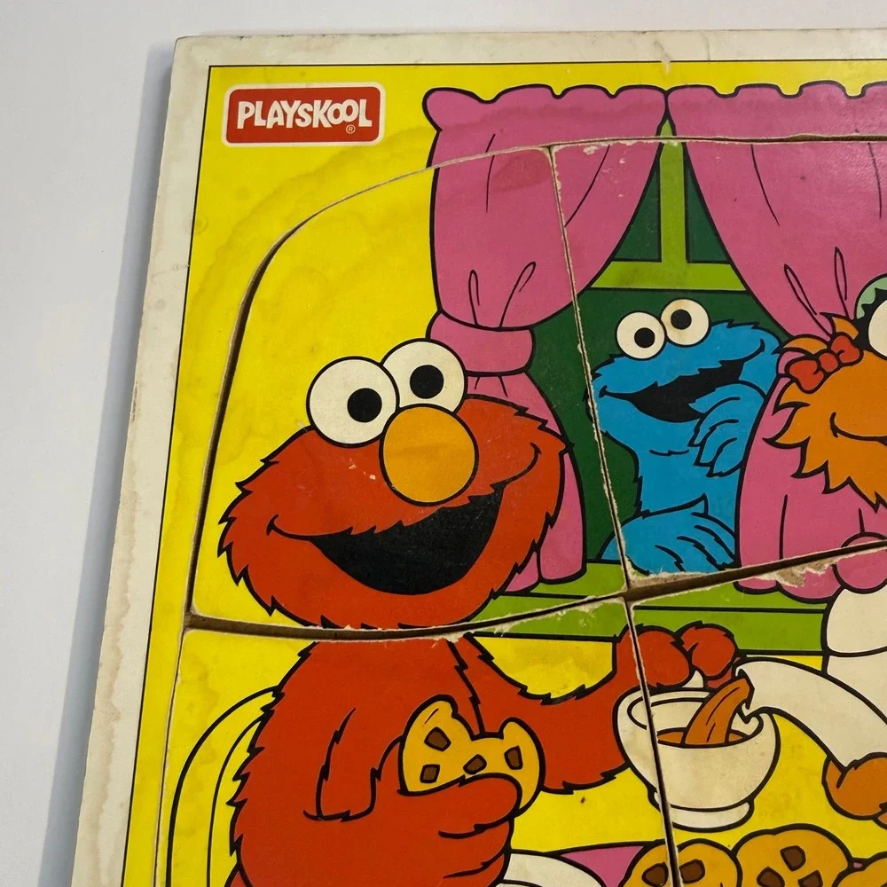 Vintage 90s 1994 Playskool Sesame Street Zoe's Tea Party Wooden Tray Puzzle Elmo